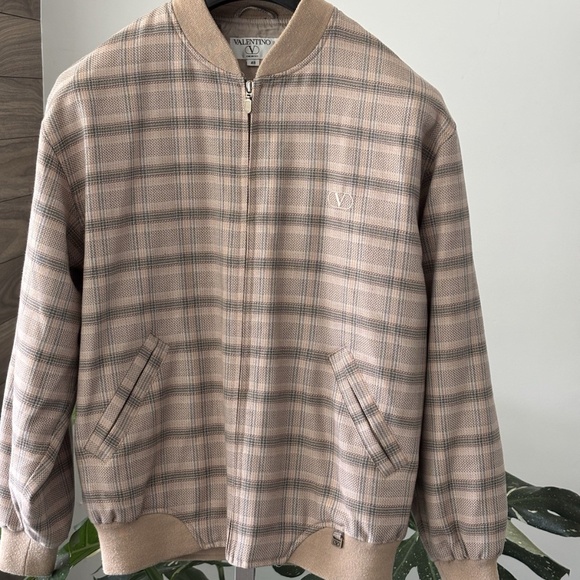 Valentino Jacket Bomber Beige Plaid Wool *VINTAGE* Logo V 100% Authentic - Picture 12 of 15